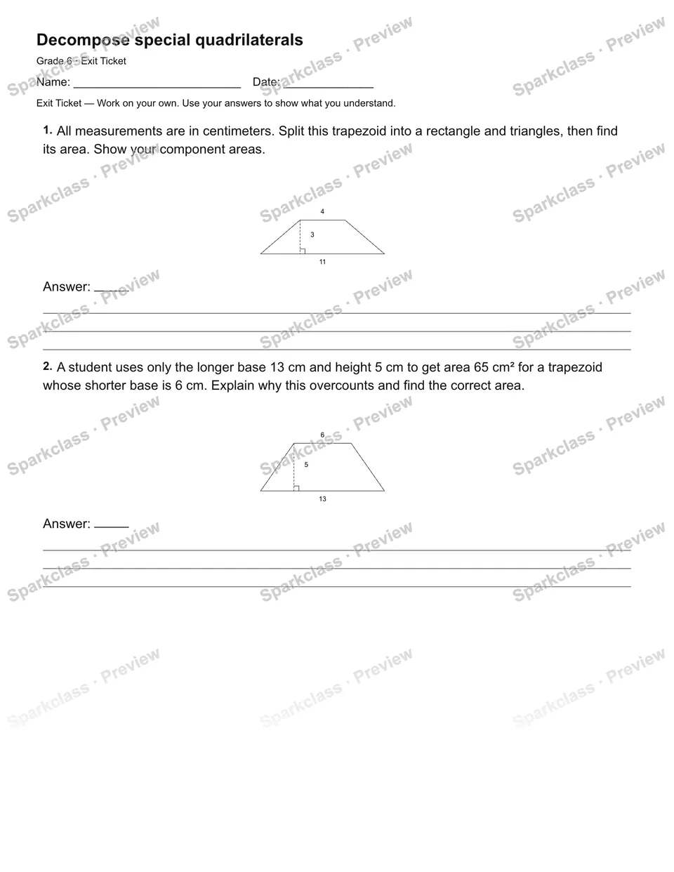 Decompose special quadrilaterals — Exit Ticket — page 1