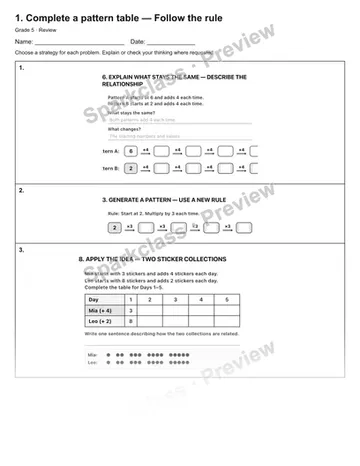 1. Complete a pattern table — Follow the rule — Review — Grade 5 worksheet preview