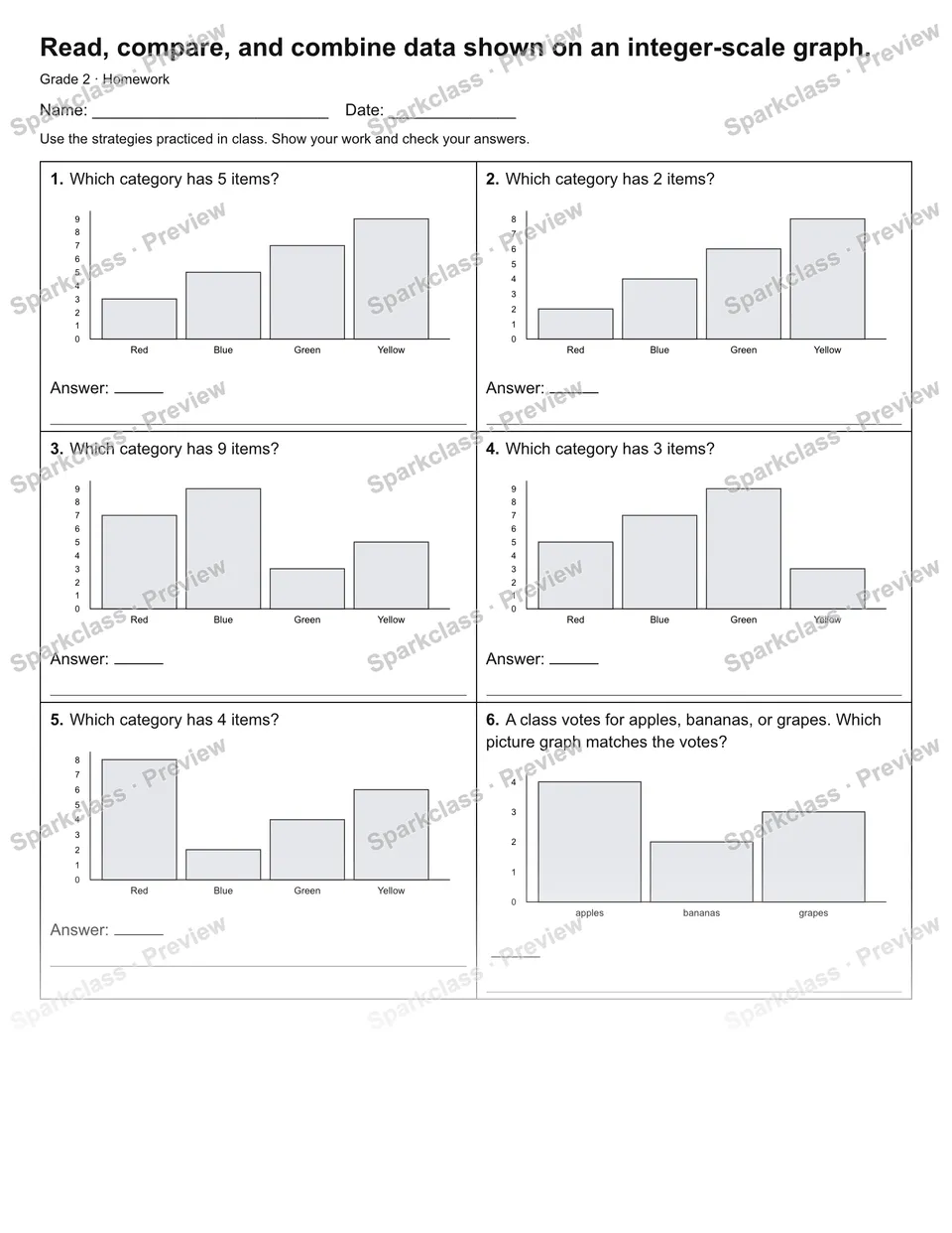 Read, compare, and combine data shown on an integer-scale graph. — Homework — page 1
