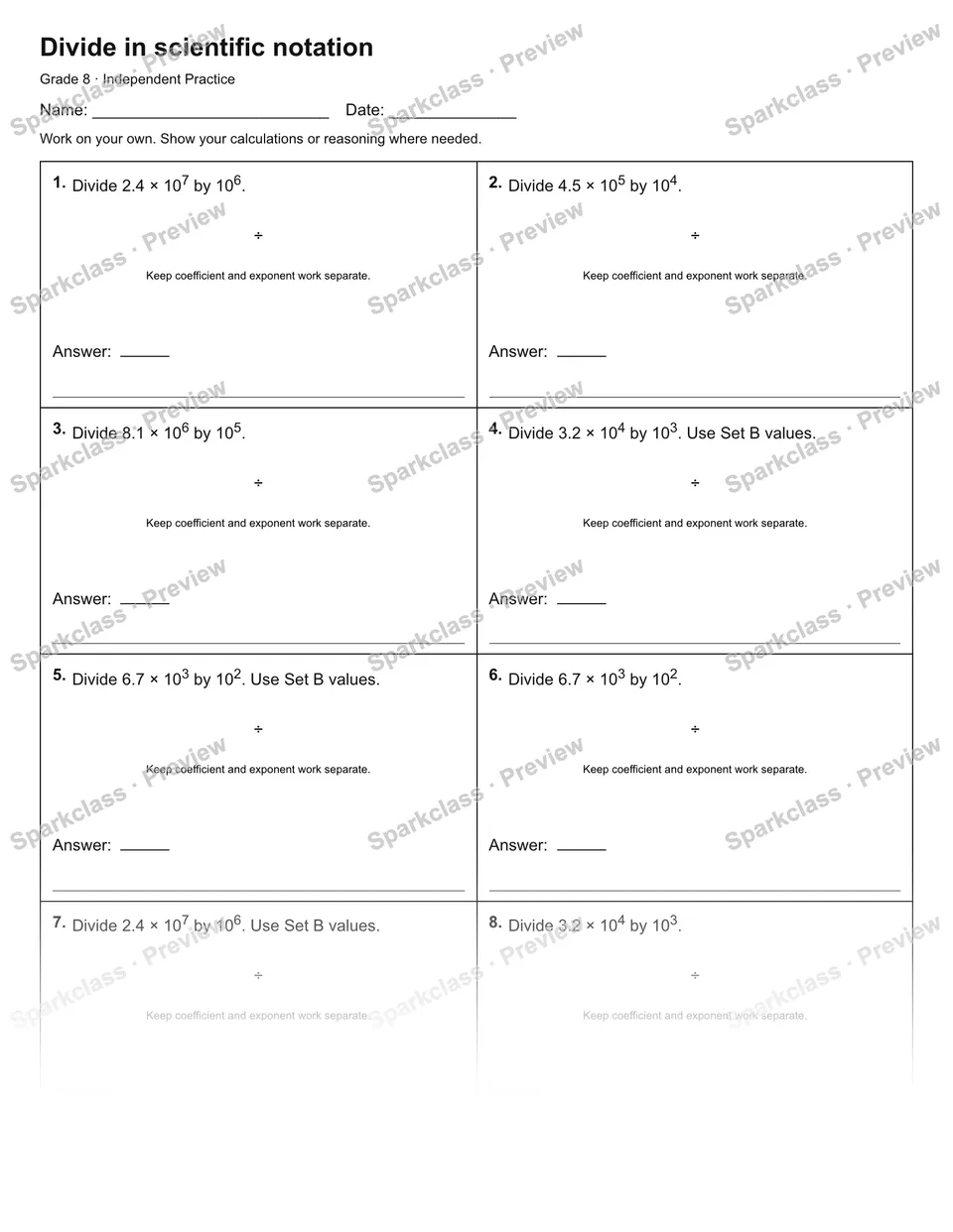 Divide in scientific notation — Independent Practice — page 1