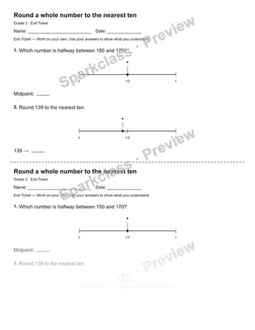Round a whole number to the nearest ten — Exit Ticket — Grade 3 worksheet preview