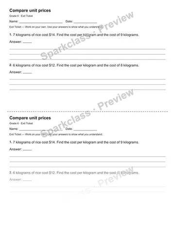 Compare unit prices — Exit Ticket — Grade 6 worksheet preview