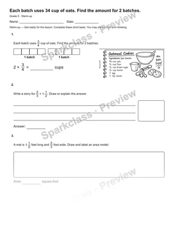 Each batch uses 34 cup of oats. Find the amount for 2 batches. — Warm-up — Grade 5 worksheet preview