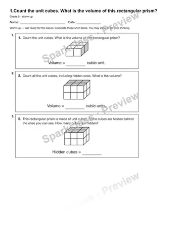 1.Count the unit cubes. What is the volume of this rectangular prism? — Warm-up — Grade 5 worksheet preview
