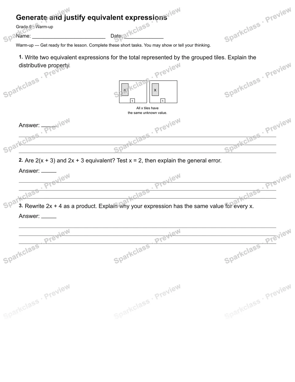 Generate and justify equivalent expressions — Warm-up — page 1