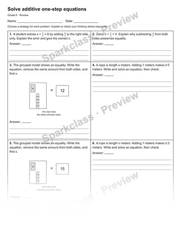 Solve additive one-step equations — Review — Grade 6 worksheet preview