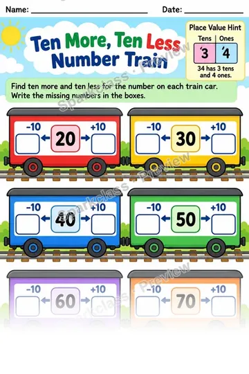 Ten More Ten Less Number Train — Grade 1 worksheet preview