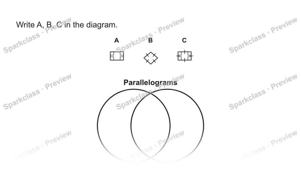 Write A, B, C in the diagram. A B C Parallelograms Rectangles Rhombi — page 1