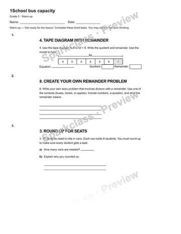 1School bus capacity — Warm-up — Grade 5 worksheet preview