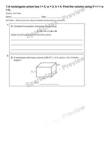 1.A rectangular prism has l = 5, w = 3, h = 4. Find the volume using V = l × w × h. — Exit Ticket — Grade 5 worksheet preview