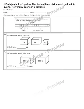 1.Each jug holds 1 gallon. The dashed lines divide each gallon into quarts. How many quarts in 3 gallons? — Review — Grade 5 worksheet preview