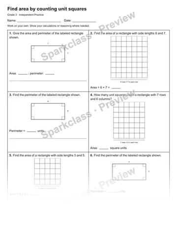 Find area by counting unit squares — Independent Practice — Grade 3 worksheet preview