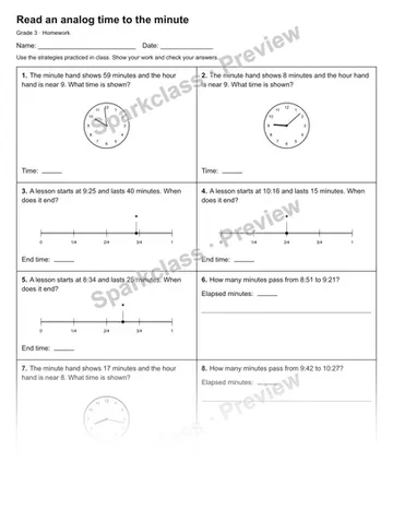 Read an analog time to the minute — Homework — Grade 3 worksheet preview