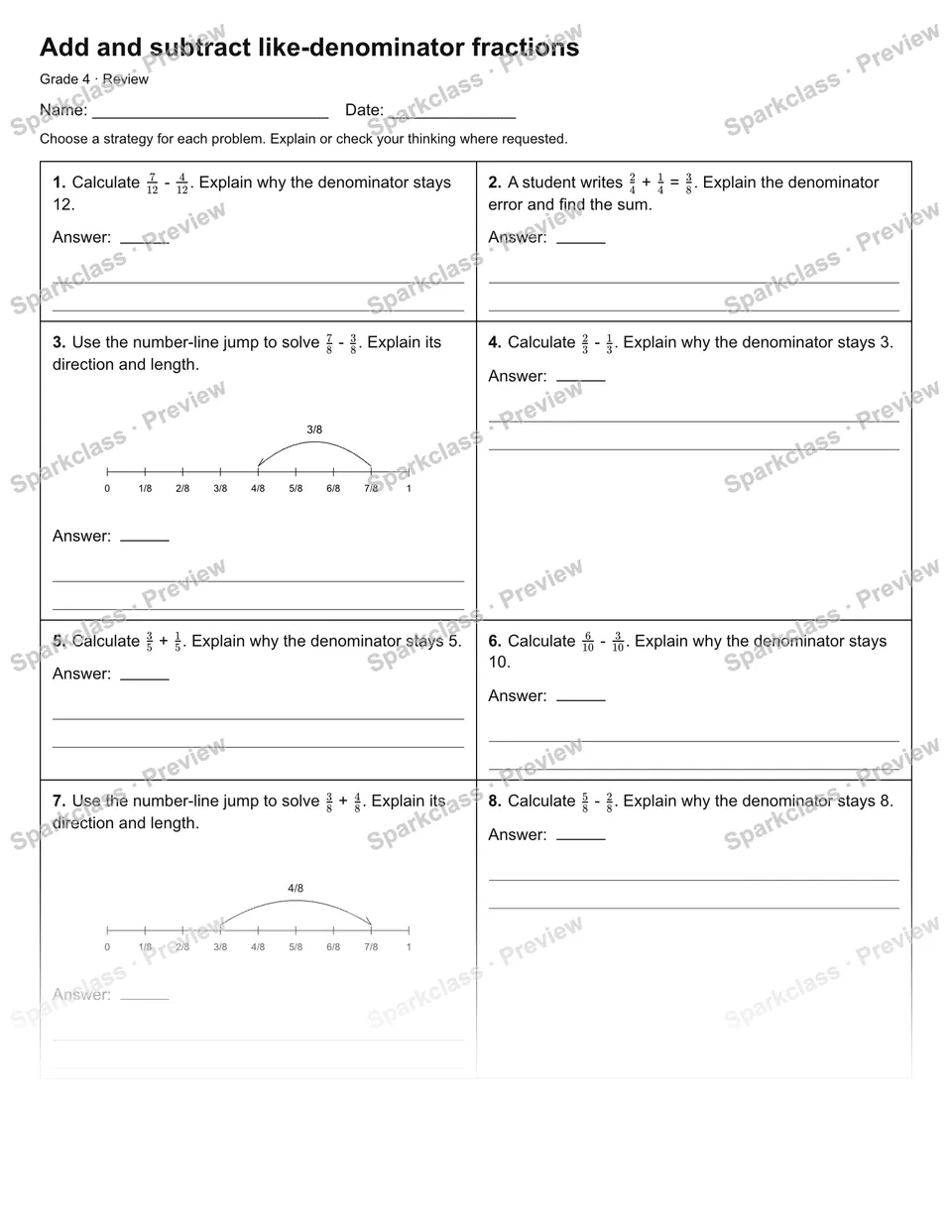 Add and subtract like-denominator fractions — Review — page 1