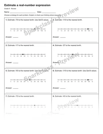 Estimate a real-number expression — Review — Grade 8 worksheet preview