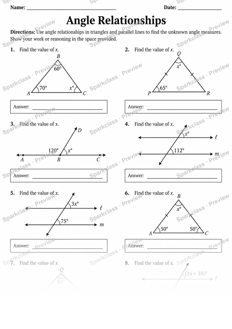 8.G.A.5 · Angle relationships in triangles and parallel lines — page 1