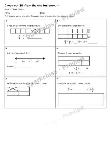 Cross out 2/8 from the shaded amount. — Guided Practice — Grade 5 worksheet preview