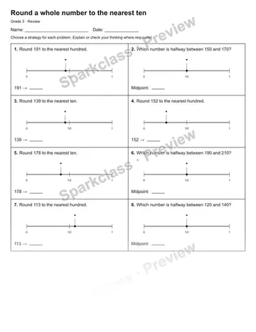 Round a whole number to the nearest ten — Review — Grade 3 worksheet preview