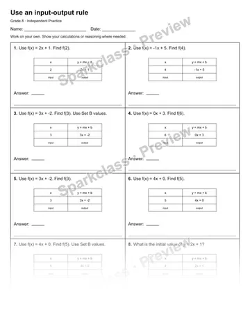 Use an input-output rule — Independent Practice — Grade 8 worksheet preview
