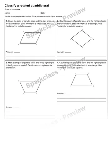 Classify a rotated quadrilateral — Homework — Grade 4 worksheet preview