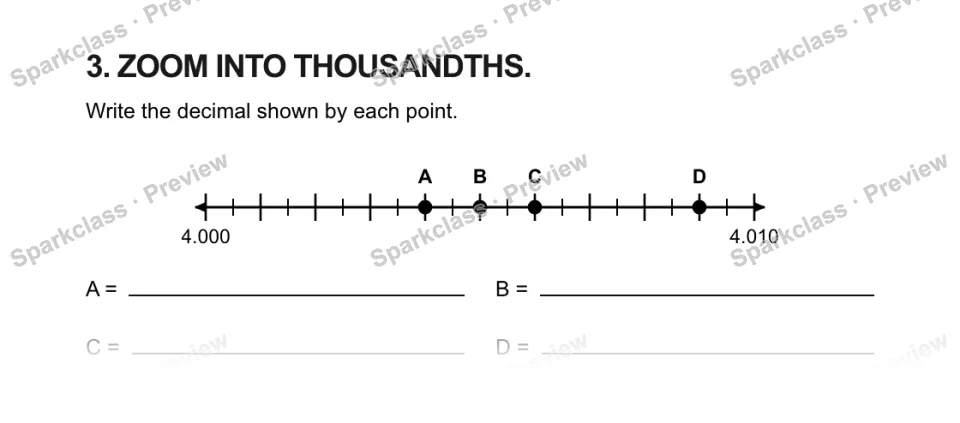 3. ZOOM INTO THOUSANDTHS. Write the decimal shown by each point. 4.000 4.010 A B C D A = B = C = D = — page 1