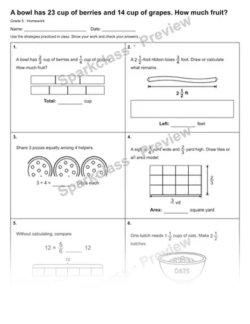 A bowl has 23 cup of berries and 14 cup of grapes. How much fruit? — Homework — Grade 5 worksheet preview