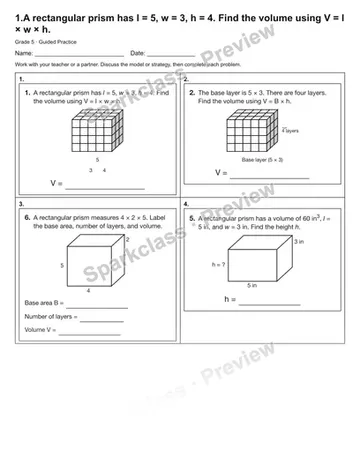 1.A rectangular prism has l = 5, w = 3, h = 4. Find the volume using V = l × w × h. — Guided Practice — Grade 5 worksheet preview