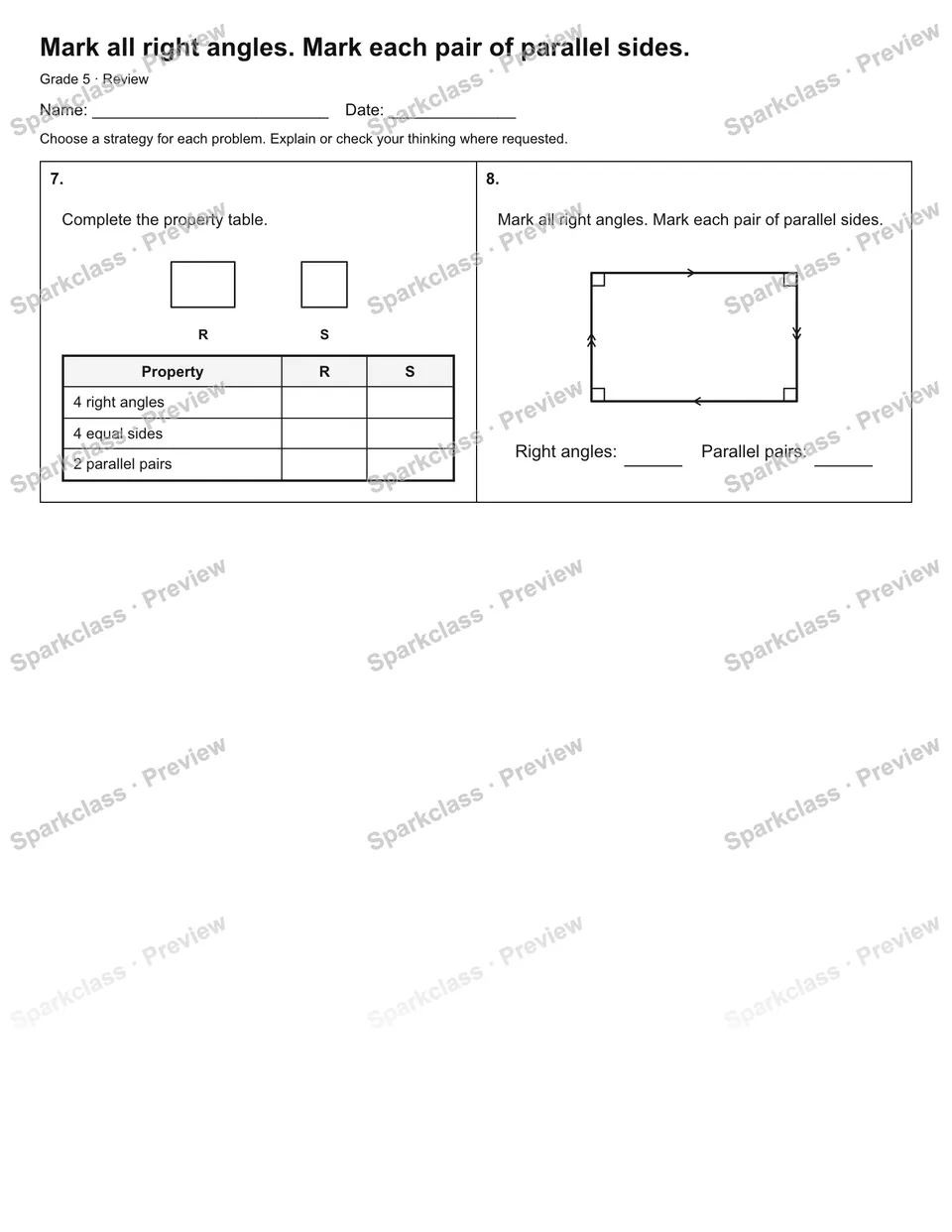 Mark all right angles. Mark each pair of parallel sides. — Review — page 2