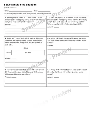 Solve a multi-step situation — Homework — Grade 4 worksheet preview