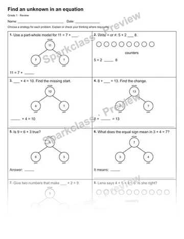 Find an unknown in an equation — Review — Grade 1 worksheet preview