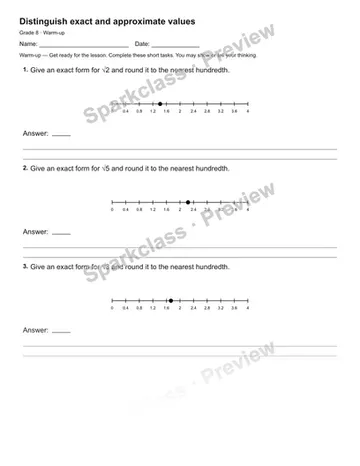Distinguish exact and approximate values — Warm-up — Grade 8 worksheet preview
