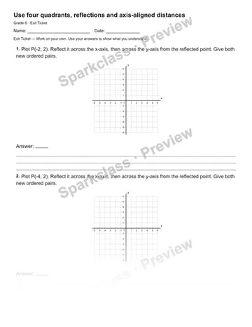 Use four quadrants, reflections and axis-aligned distances — Exit Ticket — Grade 6 worksheet preview