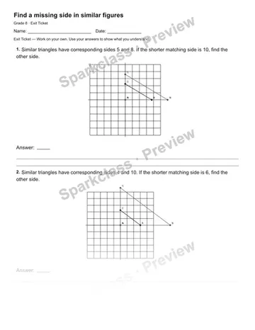 Find a missing side in similar figures — Exit Ticket — Grade 8 worksheet preview