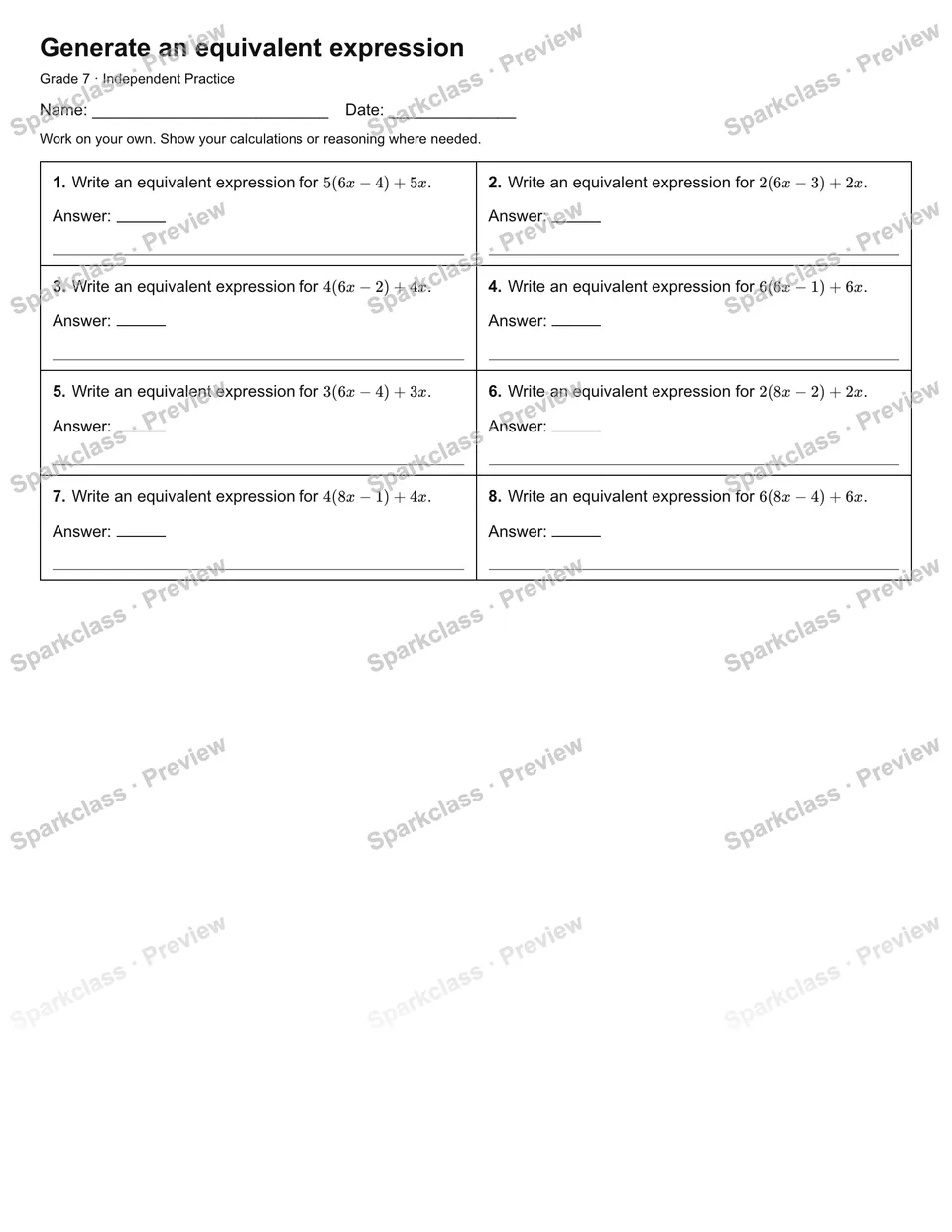 Generate an equivalent expression — Independent Practice — page 1