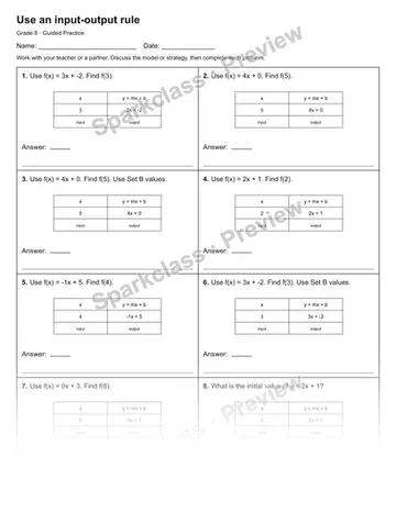 Use an input-output rule — Guided Practice — Grade 8 worksheet preview