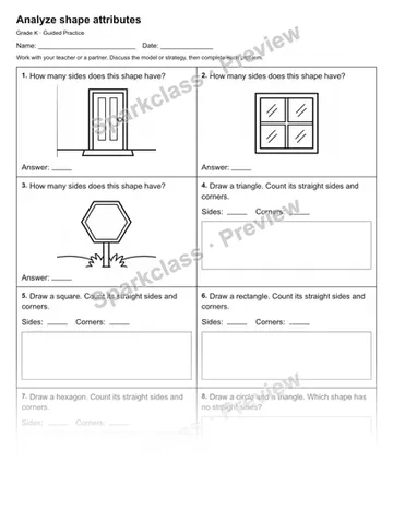 Analyze shape attributes — Guided Practice — Kindergarten worksheet preview