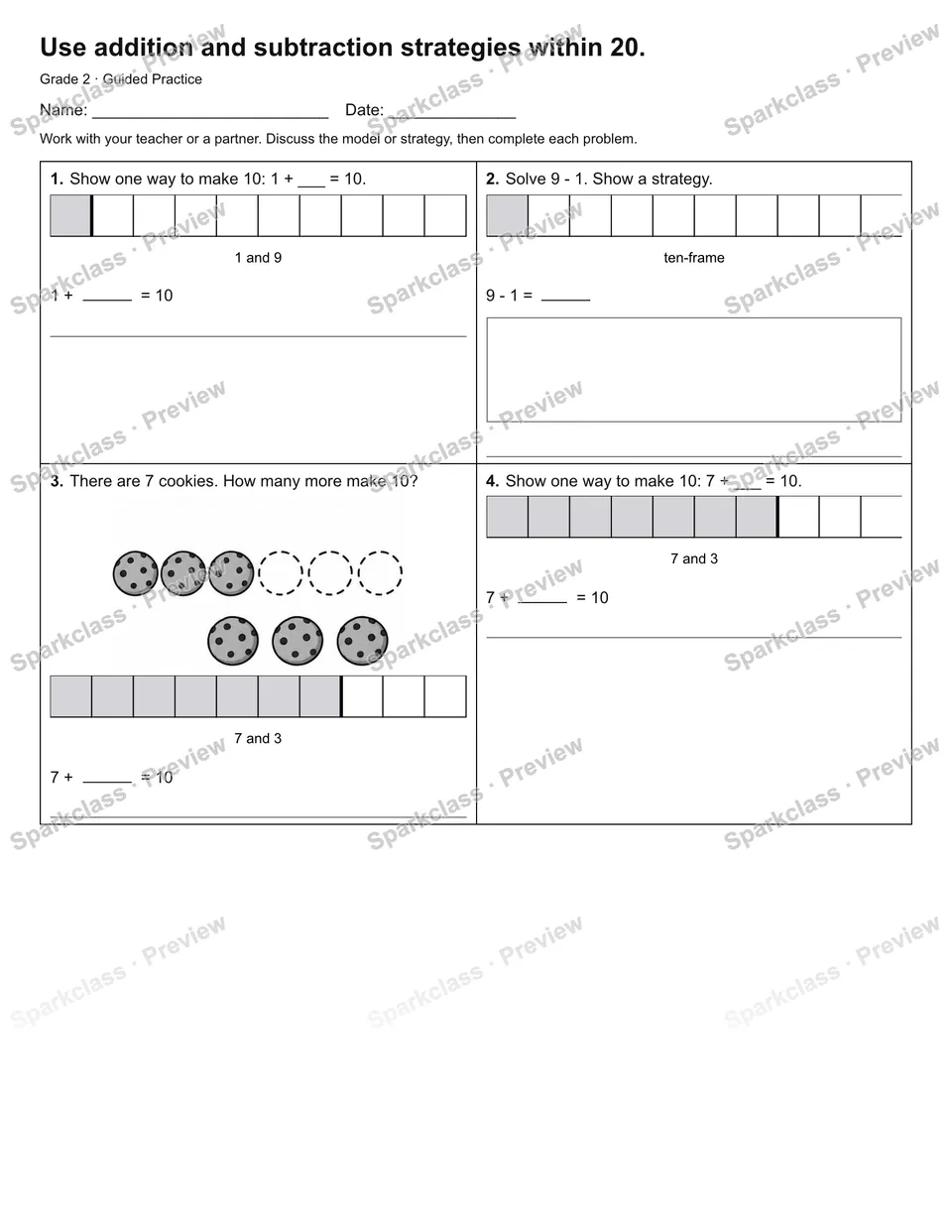 Use addition and subtraction strategies within 20. — Guided Practice — page 1