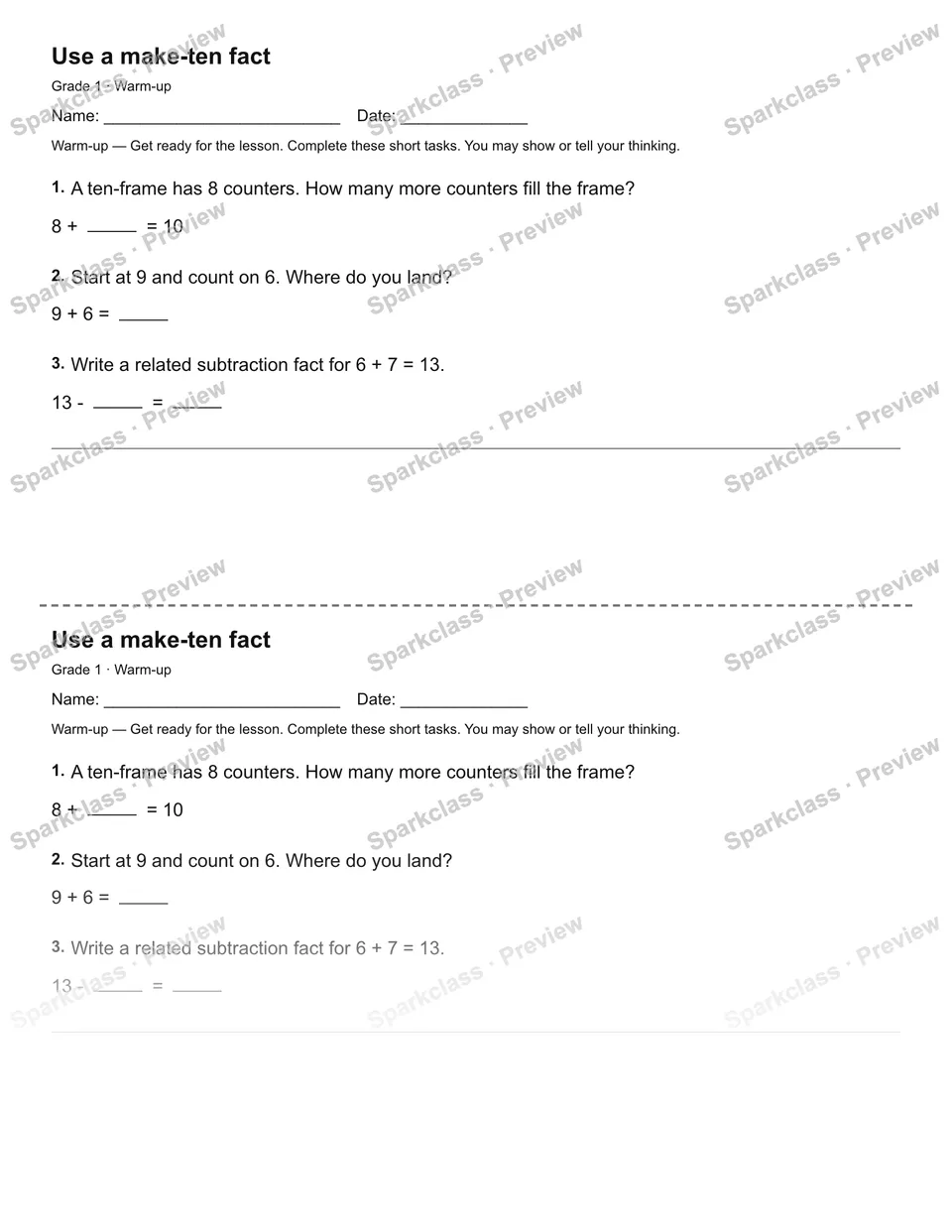 Use a make-ten fact — Warm-up — page 1