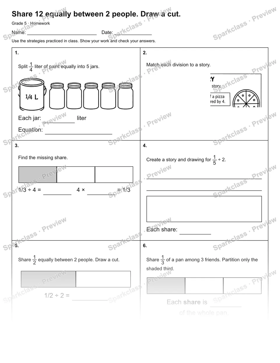 Share 12 equally between 2 people. Draw a cut. — Homework — page 1