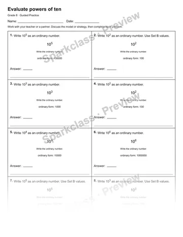 Evaluate powers of ten — Guided Practice — Grade 8 worksheet preview