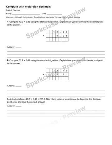 Compute with multi-digit decimals — Warm-up — Grade 6 worksheet preview