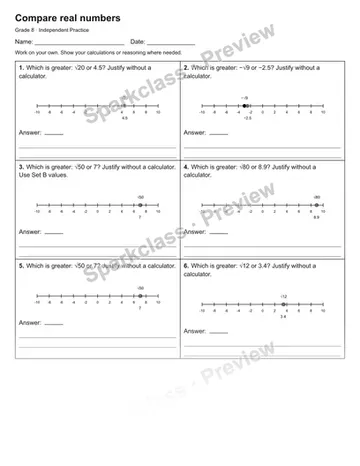 Compare real numbers — Independent Practice — Grade 8 worksheet preview