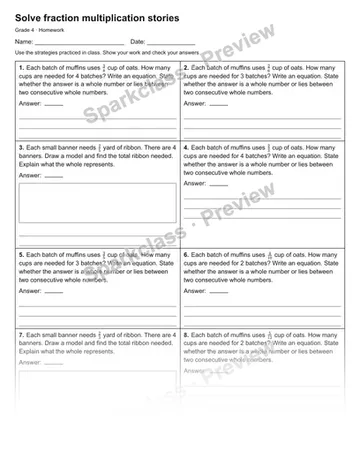 Solve fraction multiplication stories — Homework — Grade 4 worksheet preview