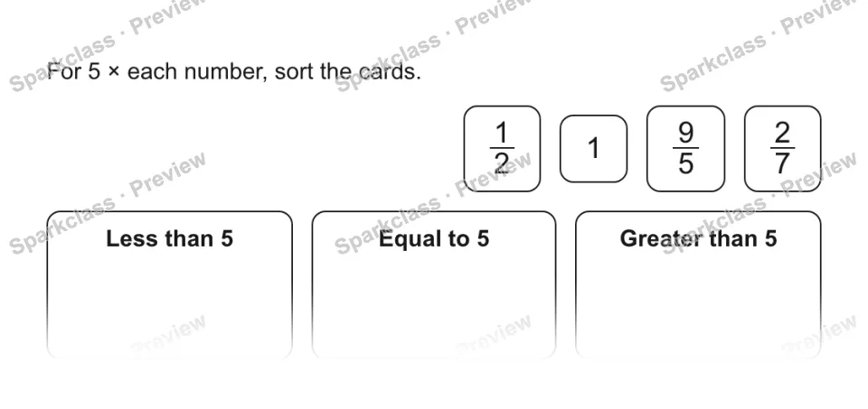 For 5 × each number, sort the cards. 1/2 1 9/5 2/7 Less than 5 Equal to 5 Greater than 5 — page 1