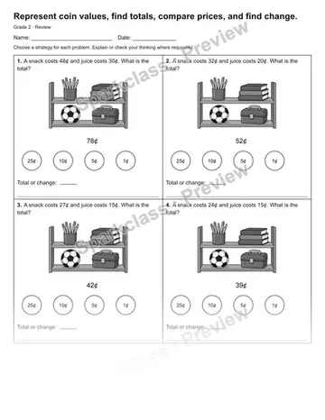 Represent coin values, find totals, compare prices, and find change. — Review — Grade 2 worksheet preview