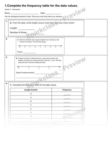1.Complete the frequency table for the data values. — Homework — Grade 5 worksheet preview