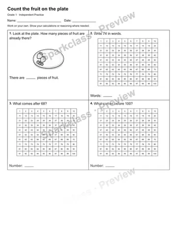 Count the fruit on the plate — Independent Practice — Grade 1 worksheet preview