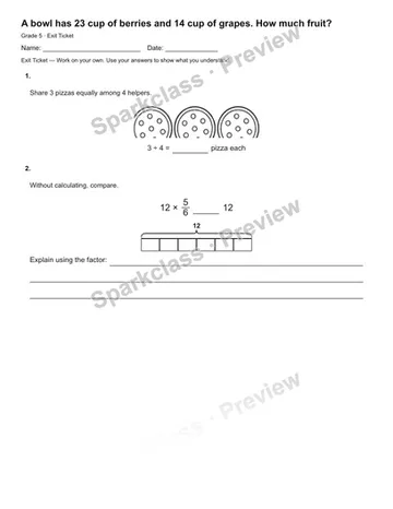 A bowl has 23 cup of berries and 14 cup of grapes. How much fruit? — Exit Ticket — Grade 5 worksheet preview