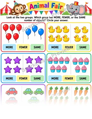 More, Fewer, or Same · Animal Fair — Kindergarten worksheet preview