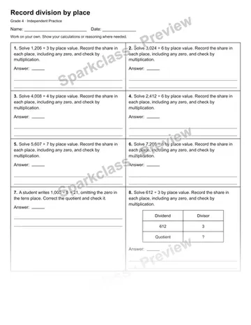 Record division by place — Independent Practice — Grade 4 worksheet preview